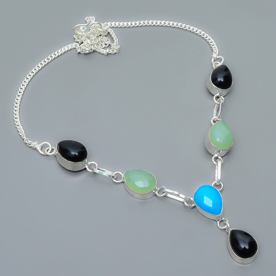 Sleeping Beauty Turquoise & Onyx 925 Silver Plated Jewelry Necklace 17.99″ TN-75