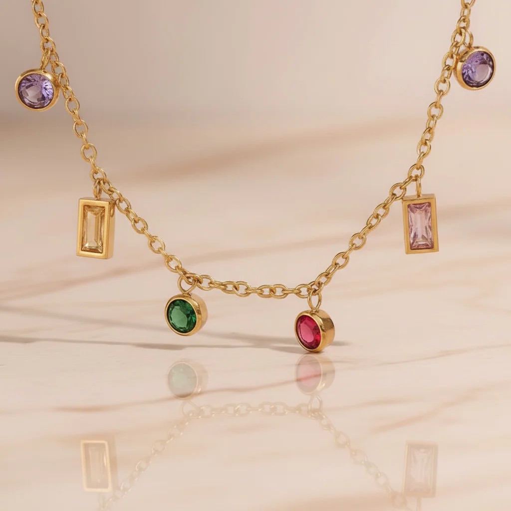 Rainbow Gemstone Choker Necklace | Multicolor CZ Baguette & Round Charm | Gold