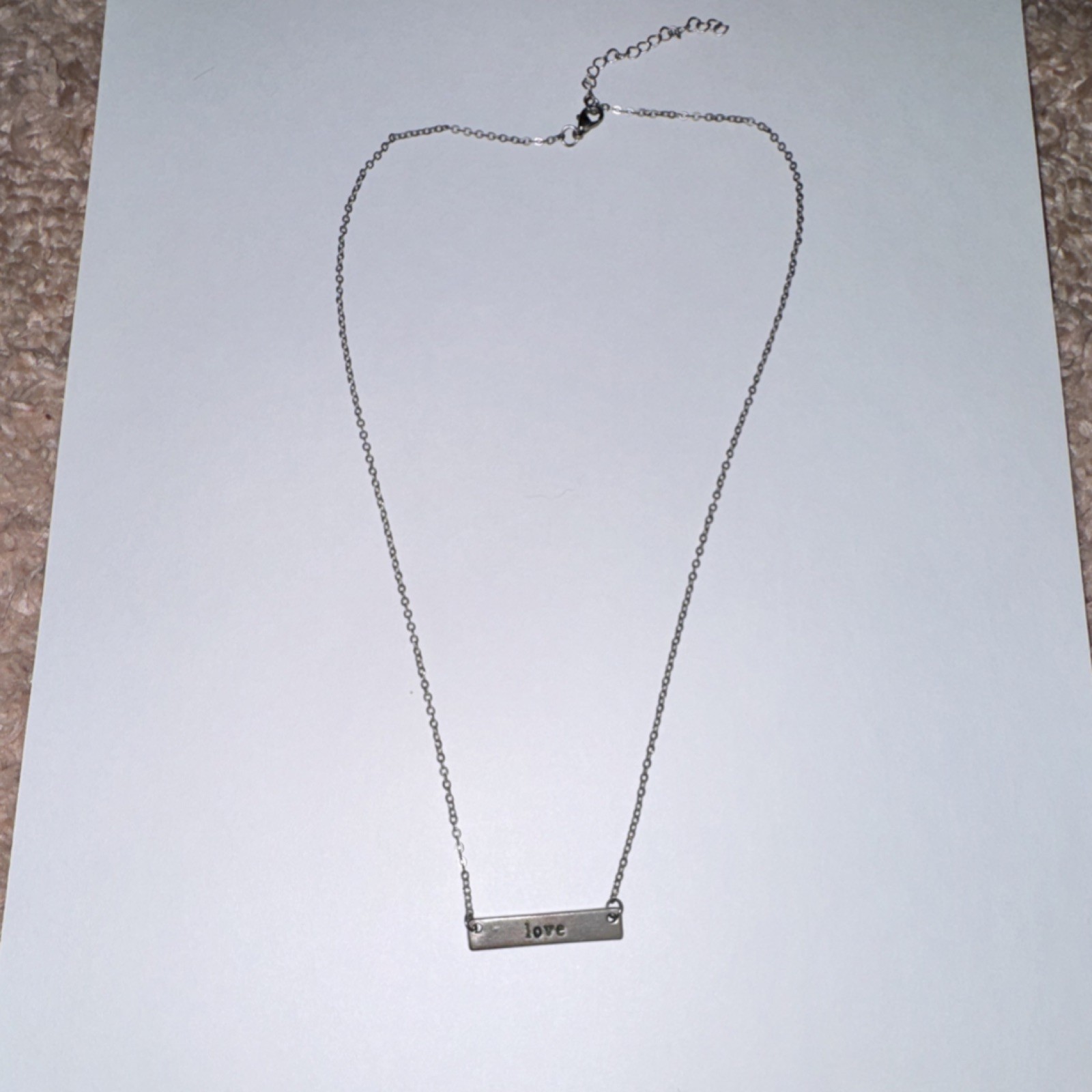 Silver Tone Cable Chain Necklace Bar Pendant ‘love’ Engraved, Adjustable Clasp