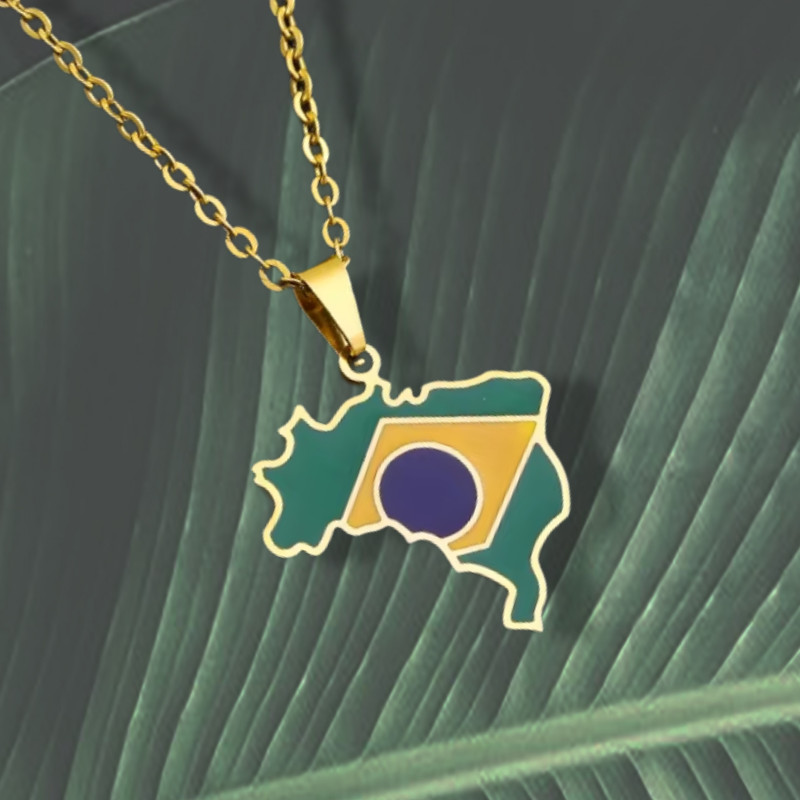 Brazil Map Pendant Necklace – Colored – Stainless Steel