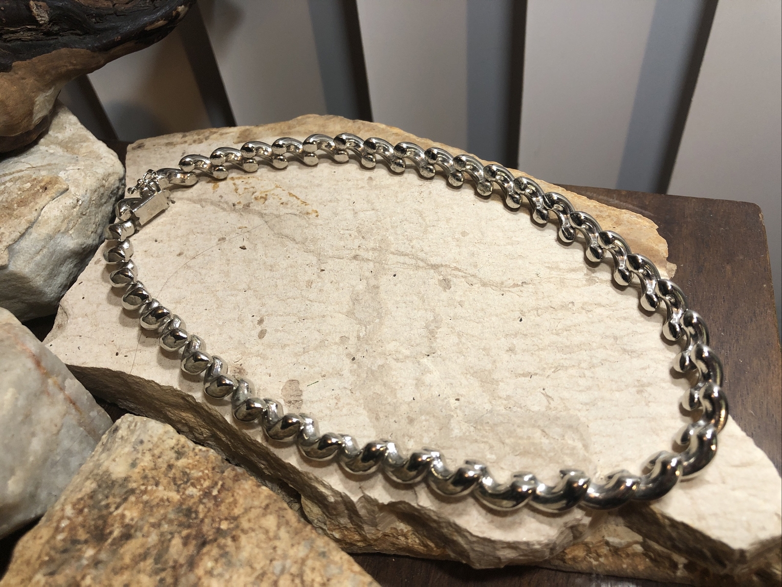 925 Sterling Silver San Marco AT Italy Macaroni Link Collar Necklace 16 G2U