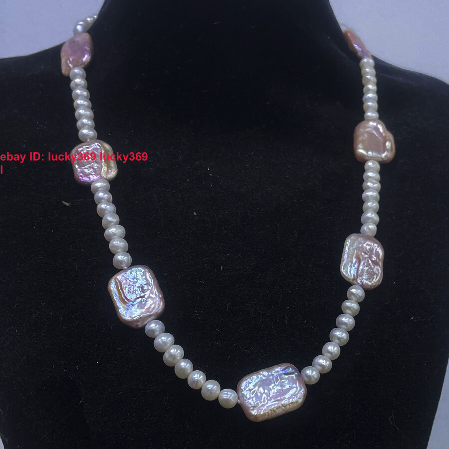 7-8mm White &15x20mm Colorful Freshwater Baroque Rectangle Pearl Necklace 18-28″