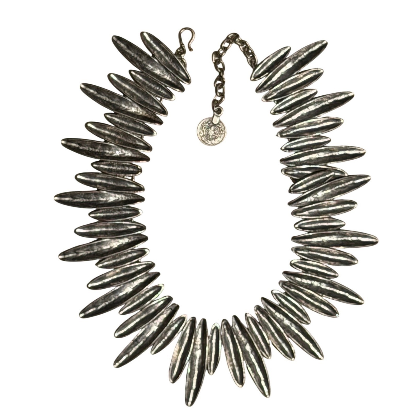 QuiQuattro “Leaf” Silver Plated Hammered Spike Statement Bib Necklace