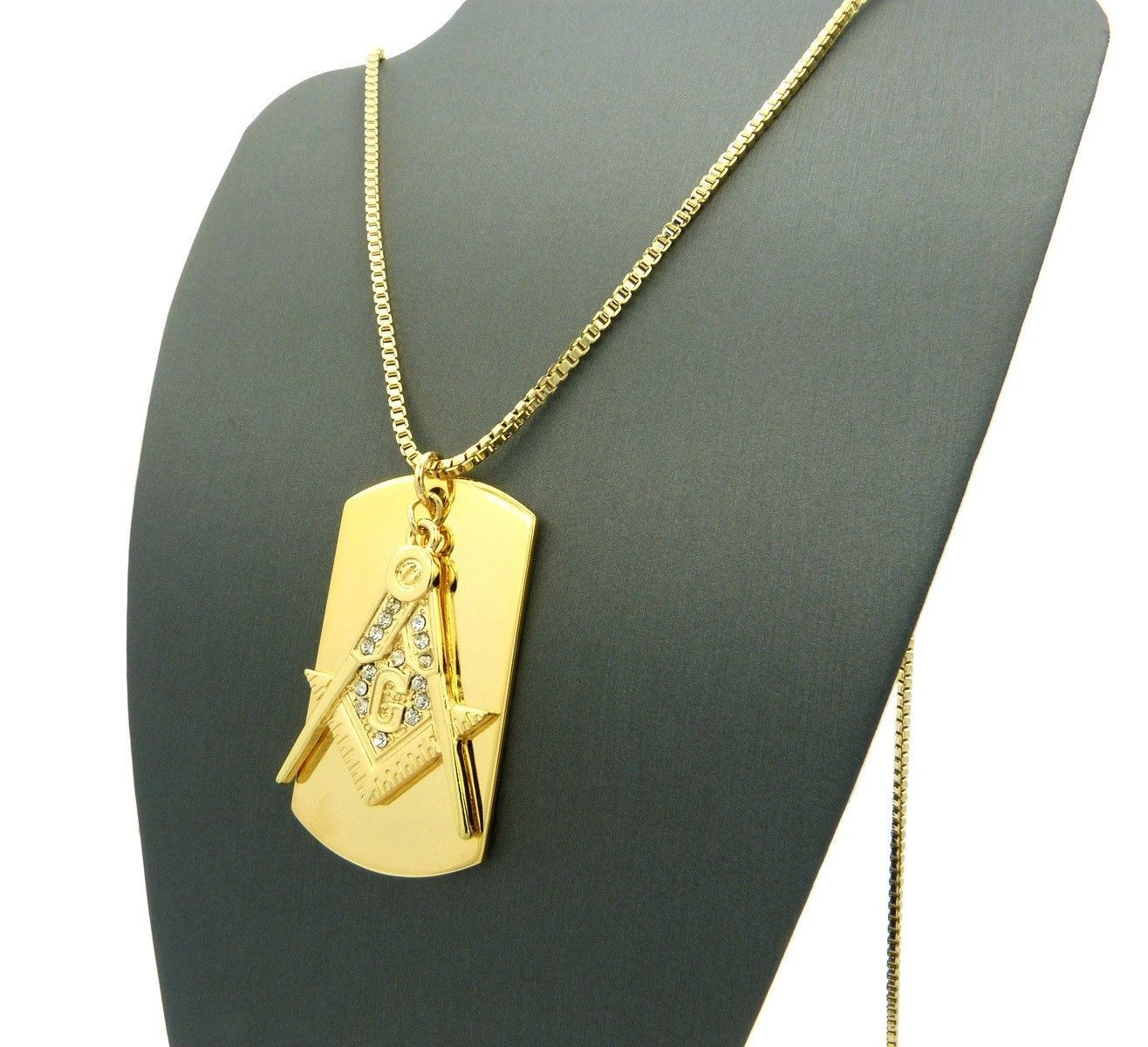 Iced FREEMASON MASONIC & Dog Tag Pendant & 2mm 24″ Box Chain Bling Necklace