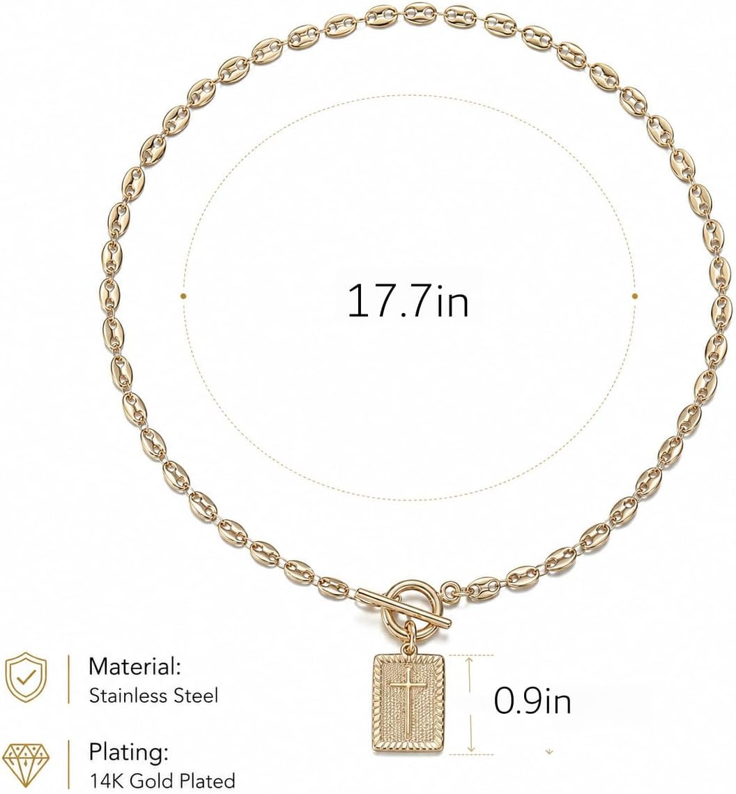 Gold Cross Necklace for Women Trendy Chunky Toggle Necklace 14K Gold Plated Cros