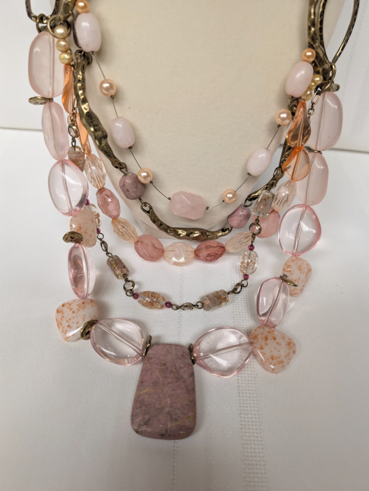 Bijoux Terner Pink Clear Beaded Stone Gold Toned Multi Strand Statement Necklace