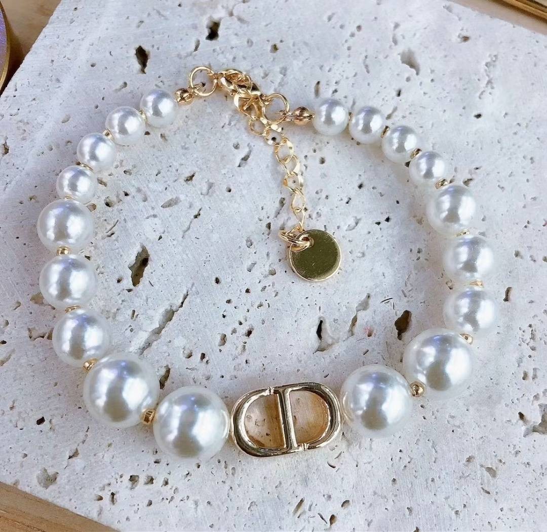 Necklace Earrings Bracelet Faux Pearl Silver Gold Chain Woman CD Pendant Strand