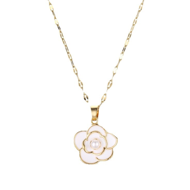 Gold Titanium White Flower Camellia Pearl Pendant Chain Necklace