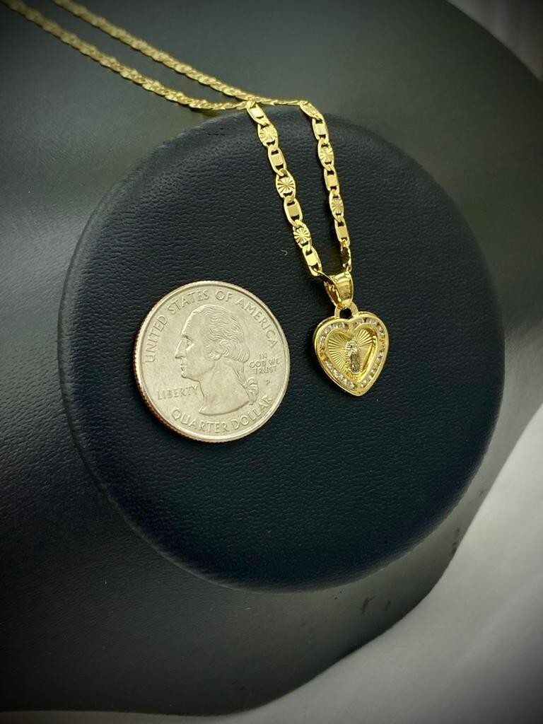 Heart CZ Virgen de Guadalupe Necklace Valentino Chain for Womens Gold F 15x13mm