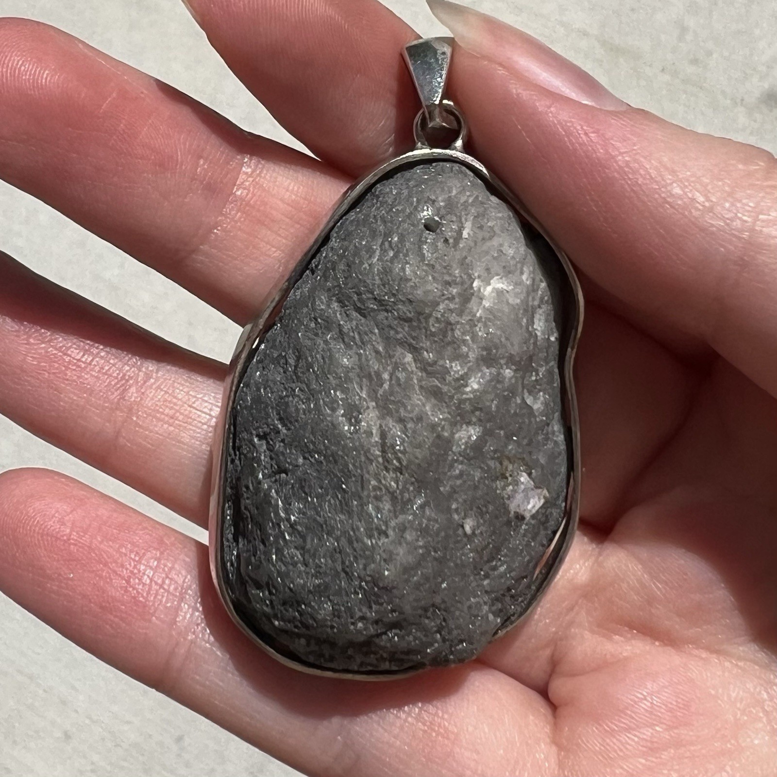 Grey/Black Druzy Geode Pendant 925 FNA VERY SPARKLY Round Back Handmade Jewelry