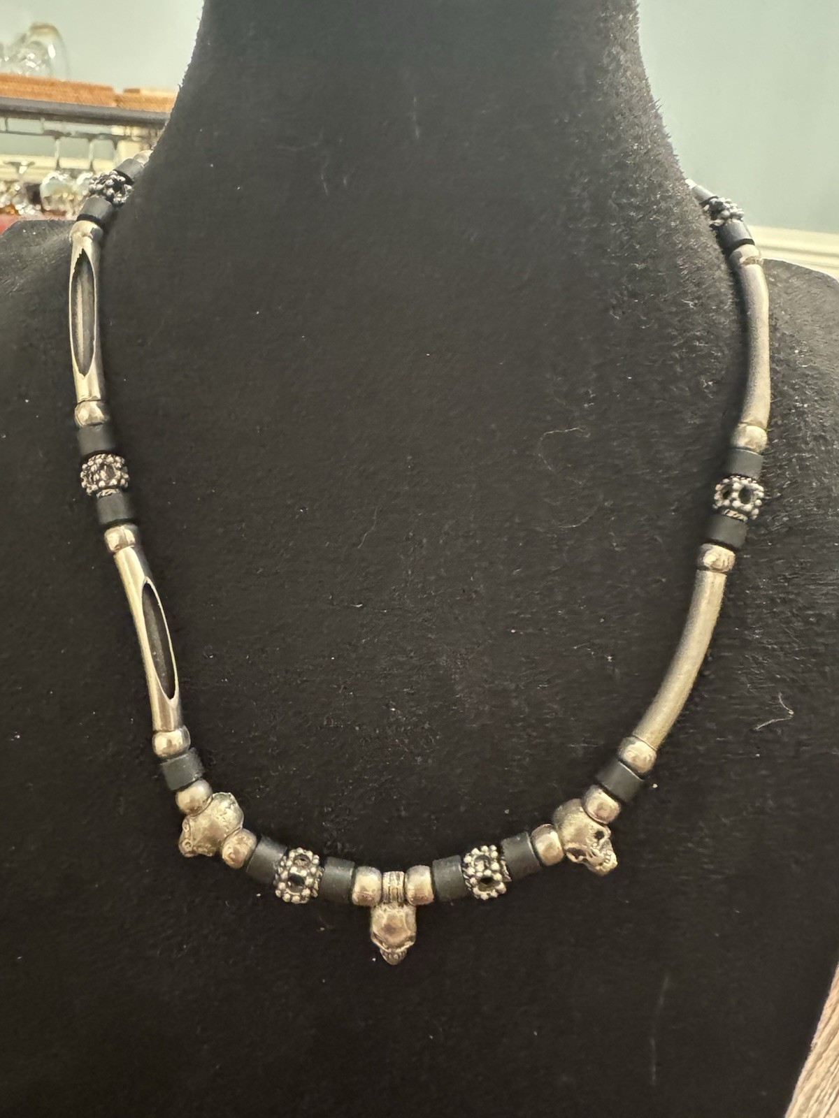 Vintage Silver Tone Skull Necklace Black Rubber Cord Gothic Punk Biker Statement