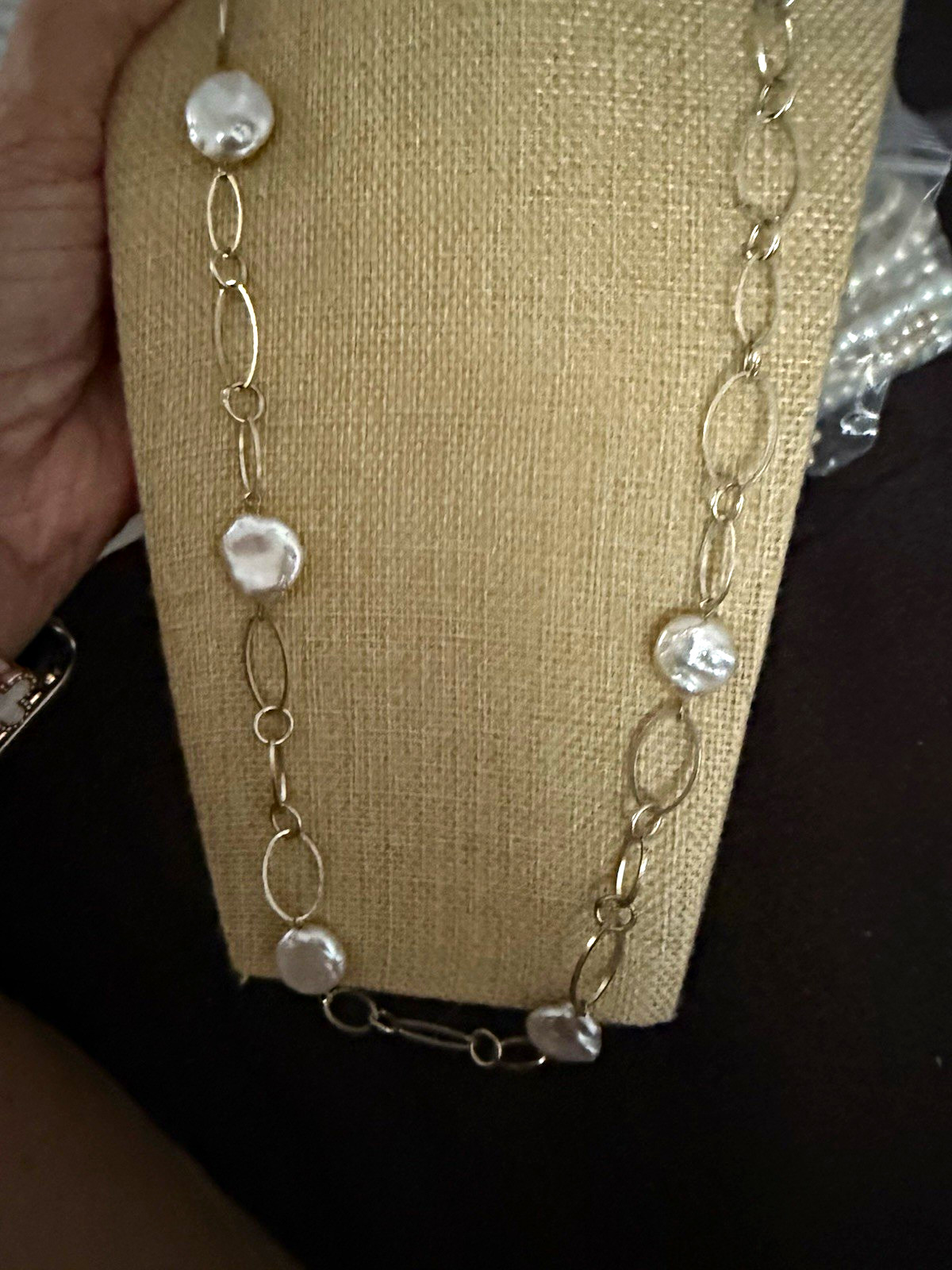 Silver Tone Oval Link Station Necklace Baroque White Pearl Chain