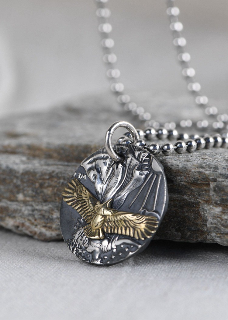 American Eagle Liberty Coin Pendant Men US Great Seal Charm 925 Sterling Silver