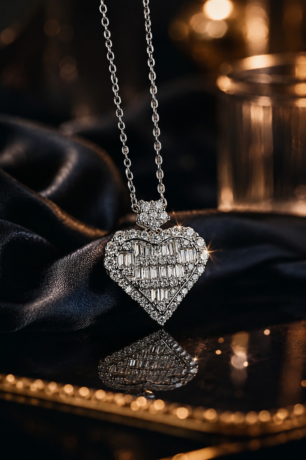 Silver Heart Pendant Necklace Baguette CZ Halo 18″ Chain Gift for Women