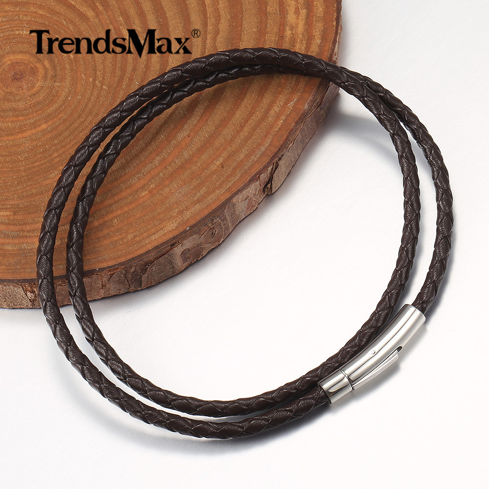 4MM Man-made Braided Leather Rope Cord Necklace Stainless Steel Push Lock 16-30″
