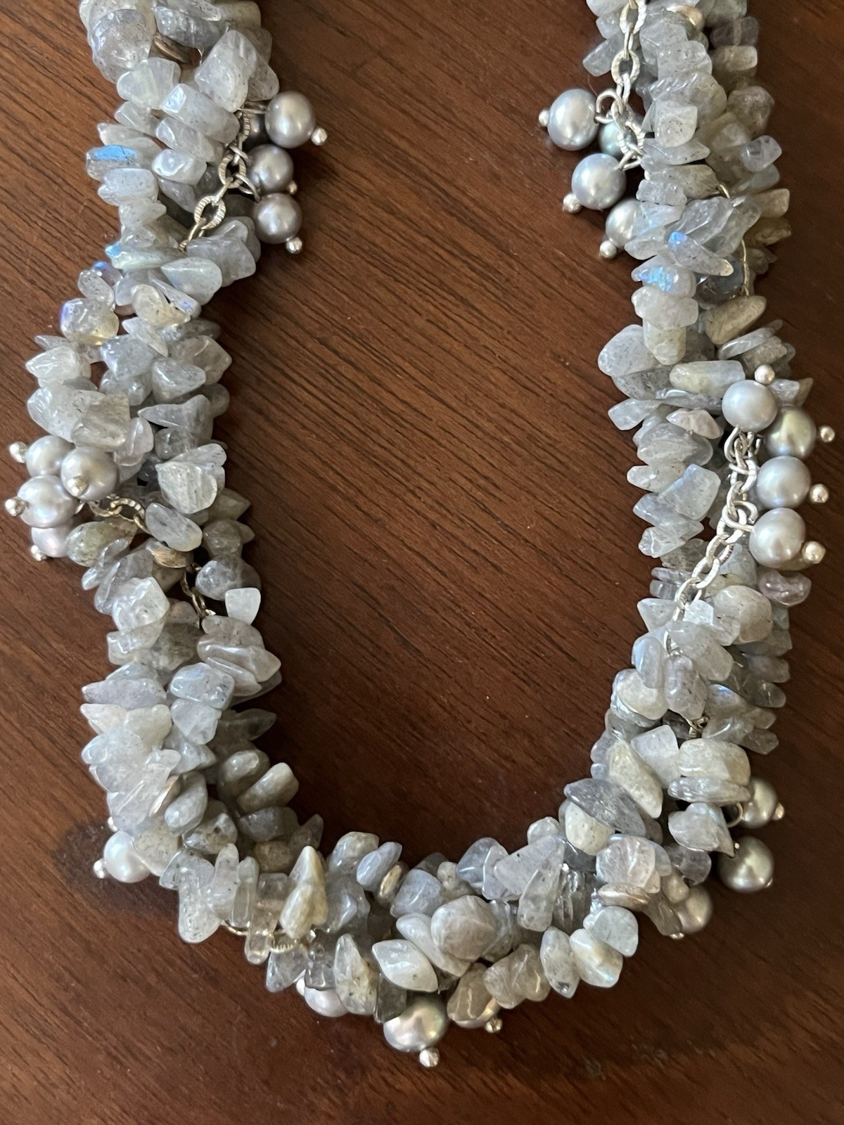 Labradorite and Pearl Statement Necklace 16″ – Beaded Collar Multi Strand Twist