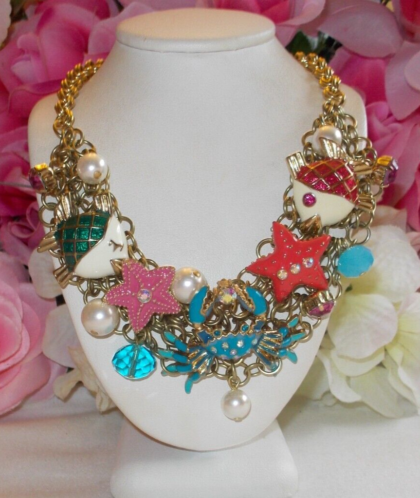 BETSEY JOHNSON LOVELY SEA LIFE CRYSTAL AND ENAMEL MULTICHARM STATEMENT NECKLACE