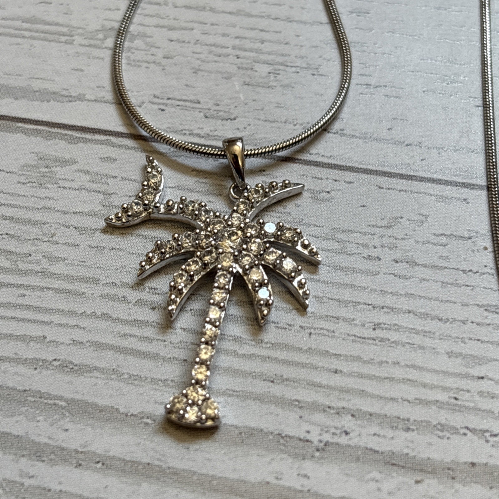 925 Sterling Silver CZ Palm Tree Pendant Necklace Tropical Beach Jewelry