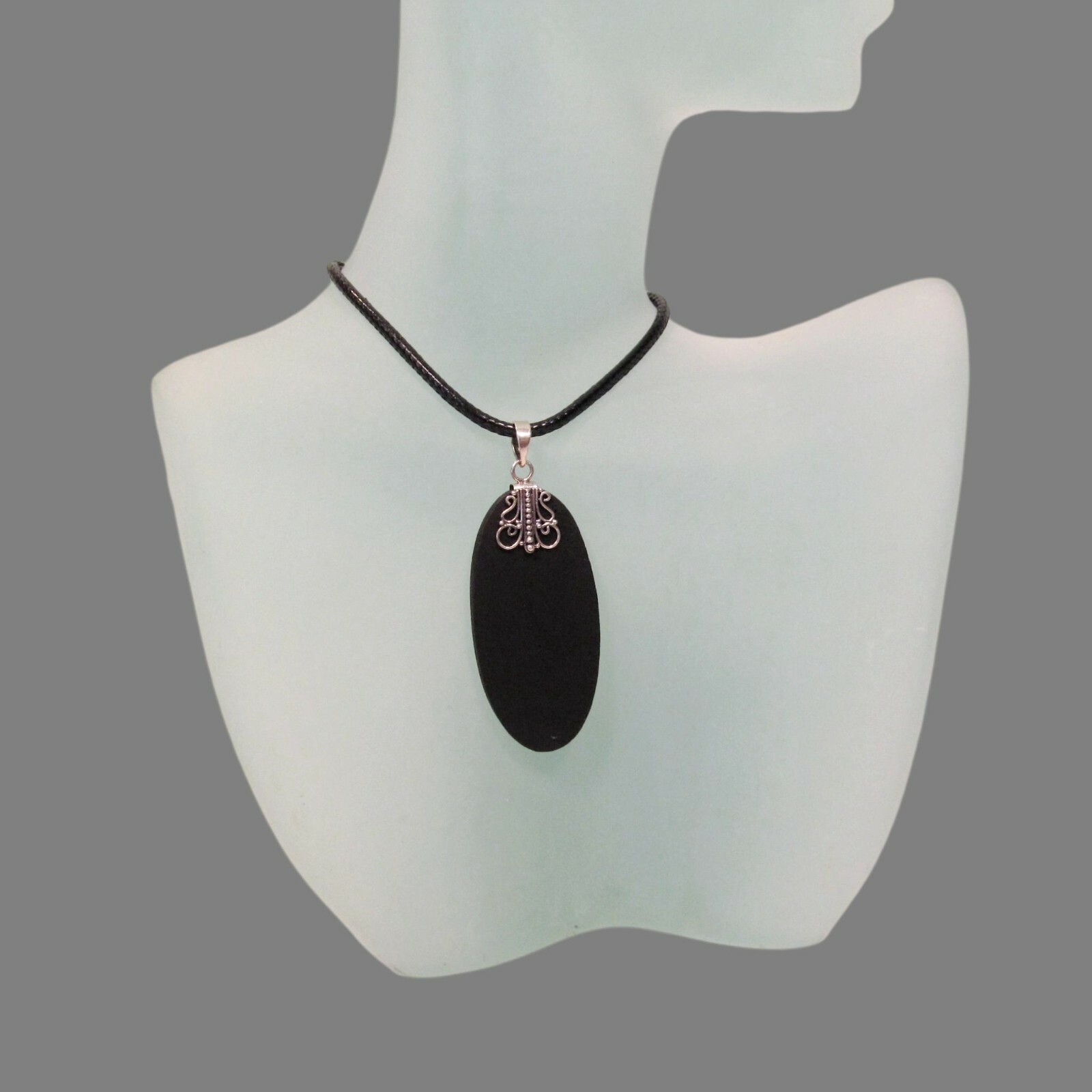 2″ Long Oval Lava Rock Stone 925 Sterling Silver Handmade Pendant