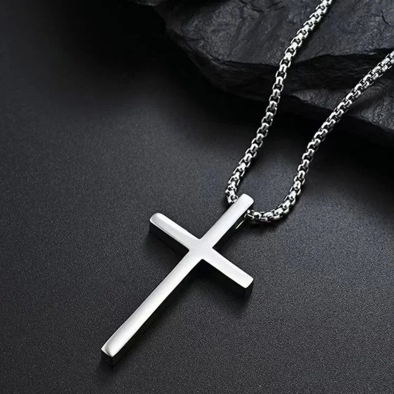 Cross Necklace for Men,Silver Stainless Steel Plain Cross Pendant Necklace