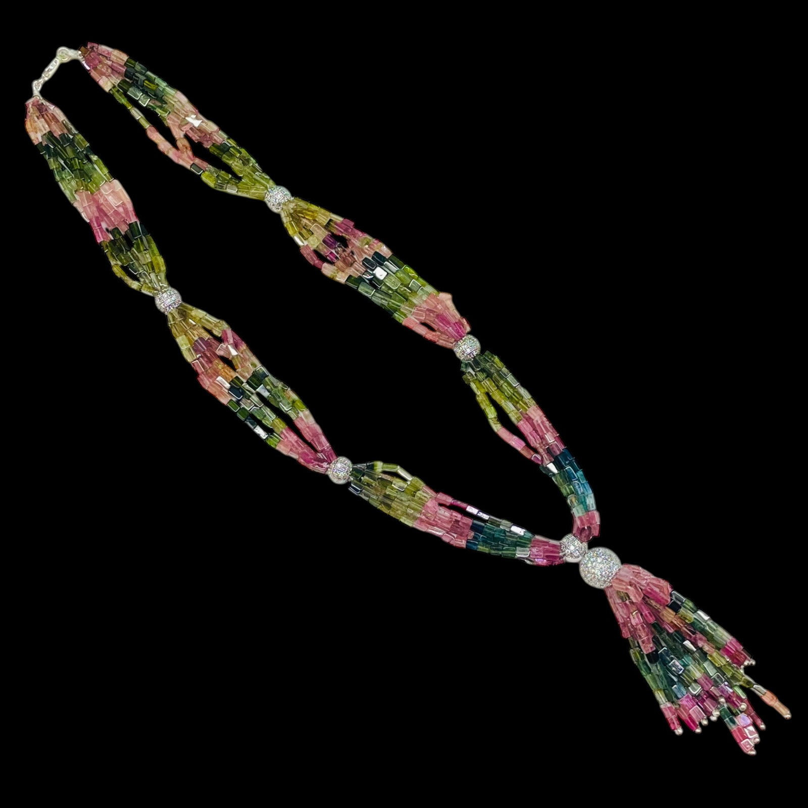 6 Strands Natural Tourmaline Octagon Beads Boutique Necklace 925 Silver Clasp