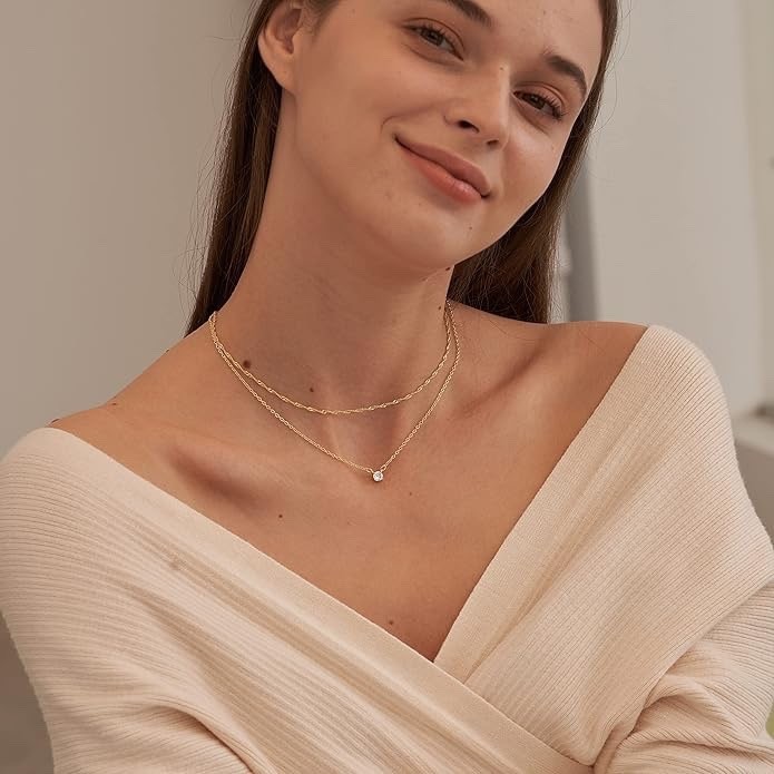 Dainty 14k Gold Plated & Silver CZ Necklaces for Women – Trendy Layered Jewelry