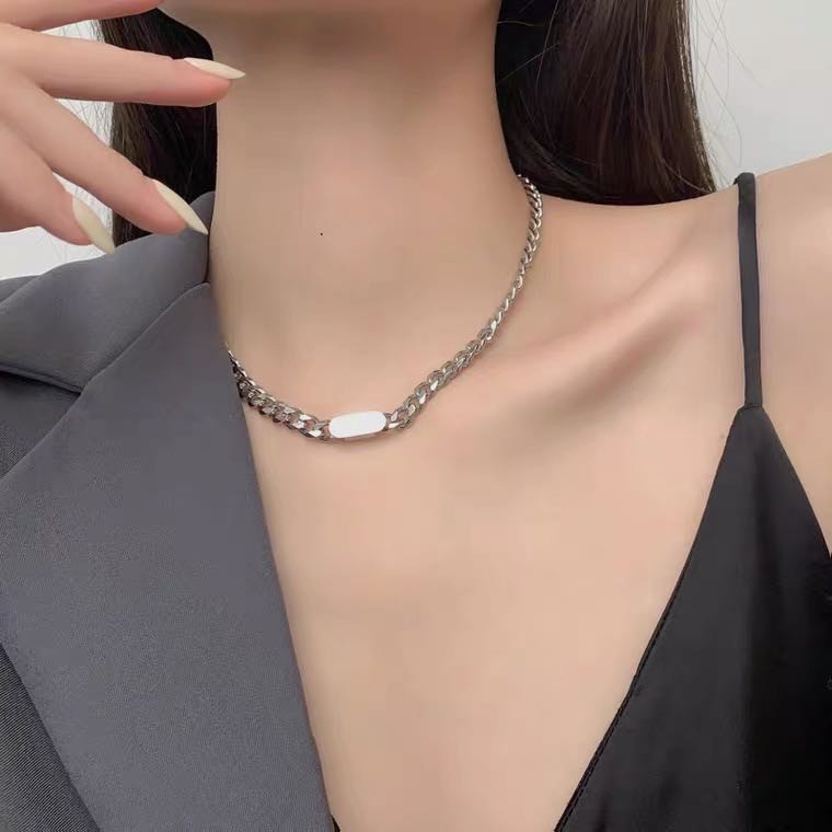 50cm Blank Bar Curb Chain Necklace Stainless Steel Silver Unisex Basic Pendant
