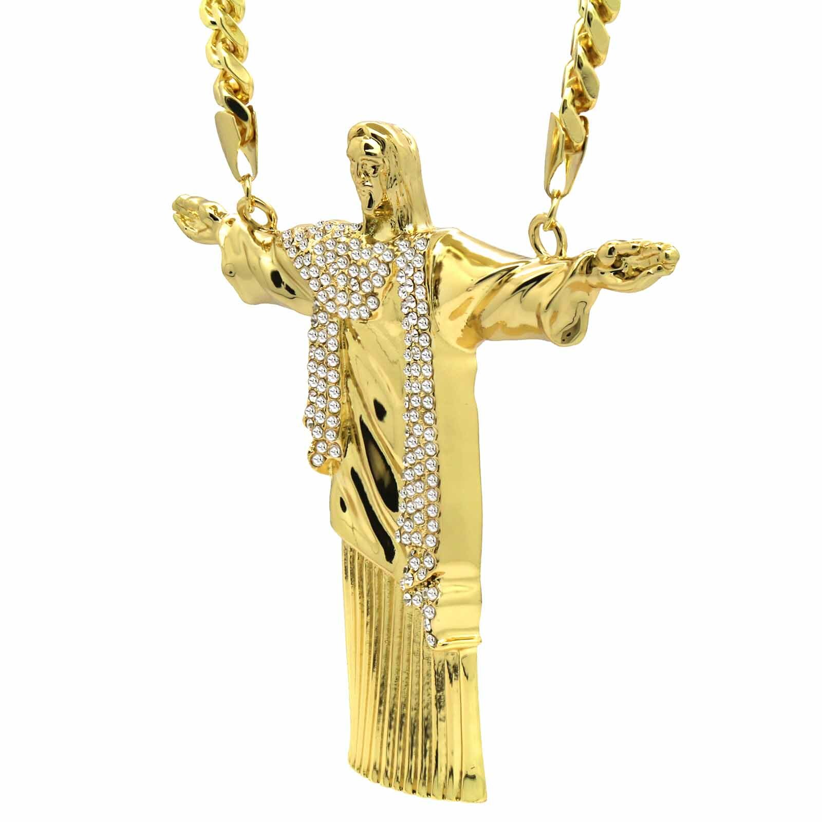 Hip Hop 14k Gold Plated Huge “JESUS” Pendant Cubic Zirconia 30″ Cuban Chain (H)