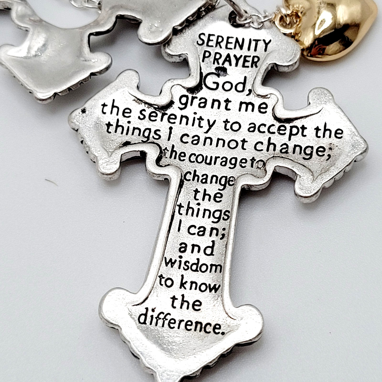 Modern Slide Cross Heart Charm Serenity Prayer Roman Style Silver Tone Necklace