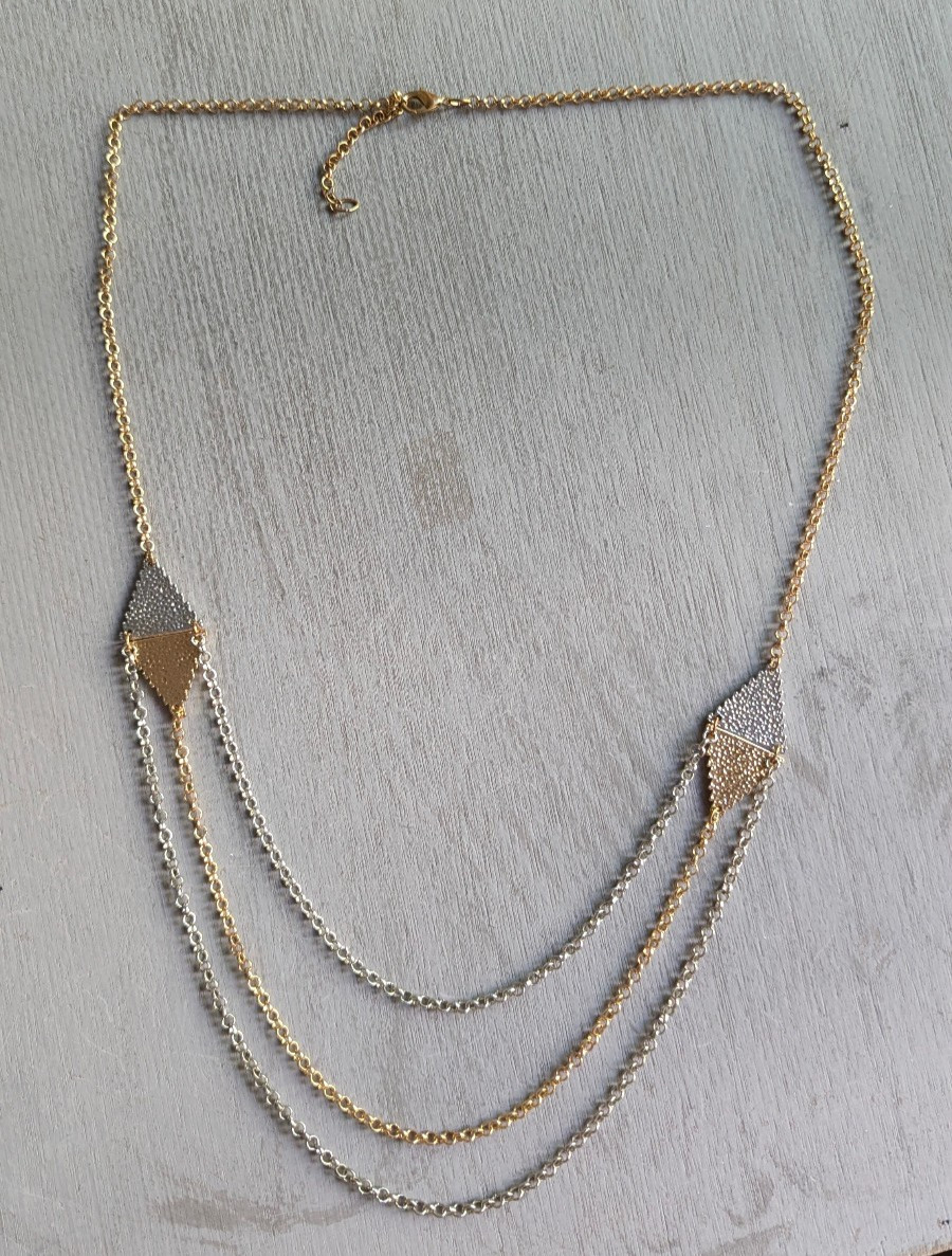Layered Chain Necklace Three Strands, Two-Tone, Gold Silver 33″ Long Necklace