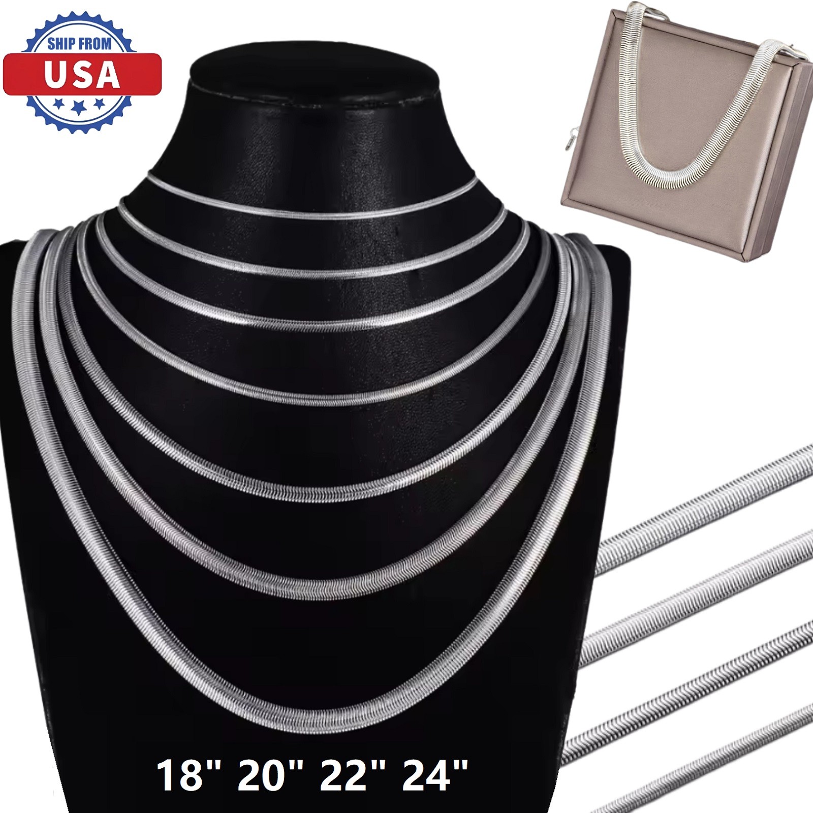 Snake Chain 18- 24″ Necklace Jewelry Stainless Steel Flat Snake Cone Link Chain