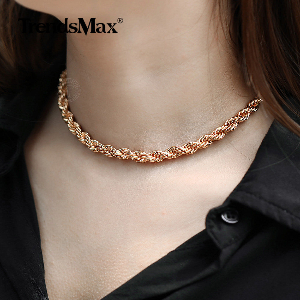 5/6mm 585 Rose Gold Plated Twisted Rope Chain Necklace 20″/24″ for Women Girls