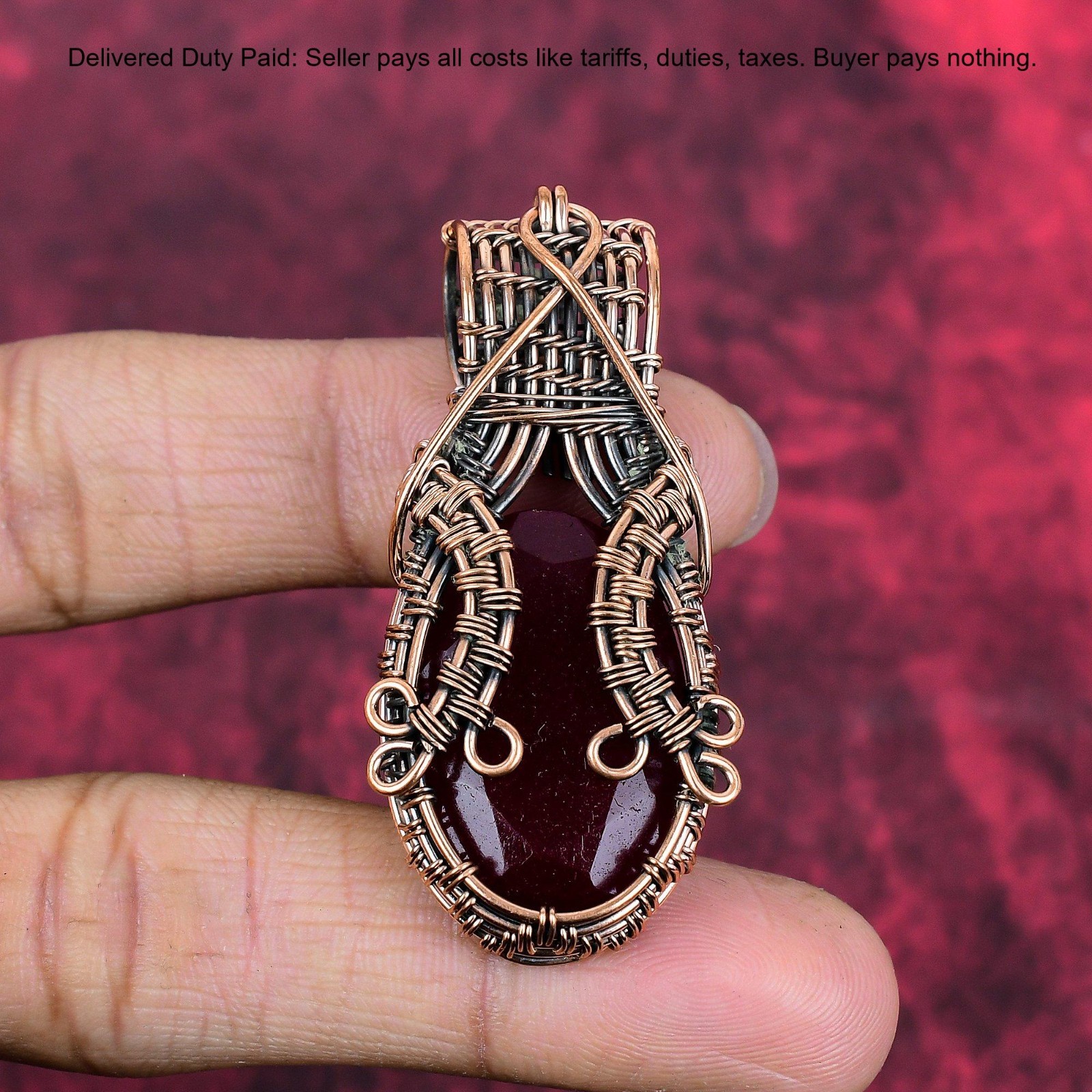 Kashmir Rubi Gemstone Art Deco Wire Wrapped Boho Daughter Pendant Jewelry Copper
