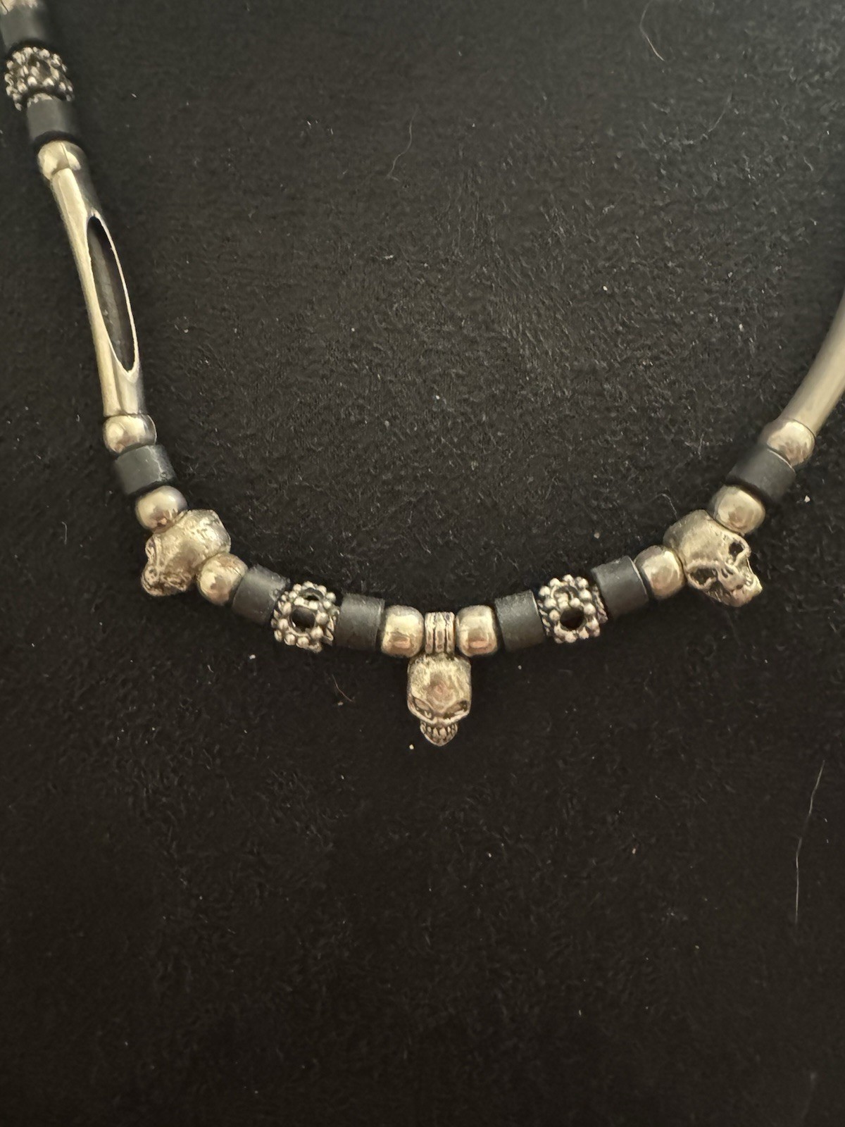 Vintage Silver Tone Skull Necklace Black Rubber Cord Gothic Punk Biker Statement