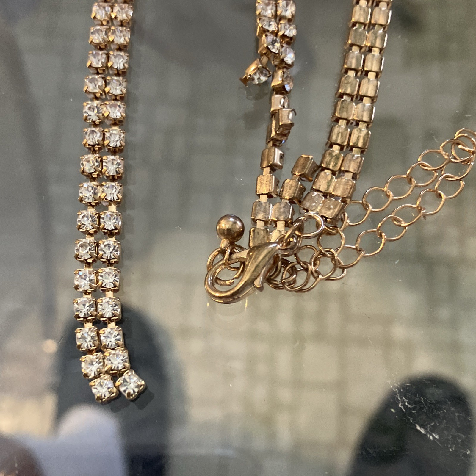 Gold Plated Tennis Chain Necklace White/Colorless Round Rhinestones, Spring Ring