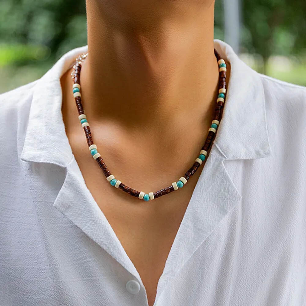 Bohemian Surfer Necklace For Men – Wood & Turquoise Beads, Adjustable 18″+2.7″