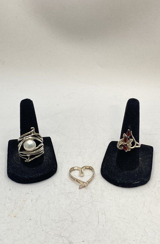 Sterling Silver 925 Jewelry Lot 3pc Pearl Garnet Rings Heart Pendant 15.5g