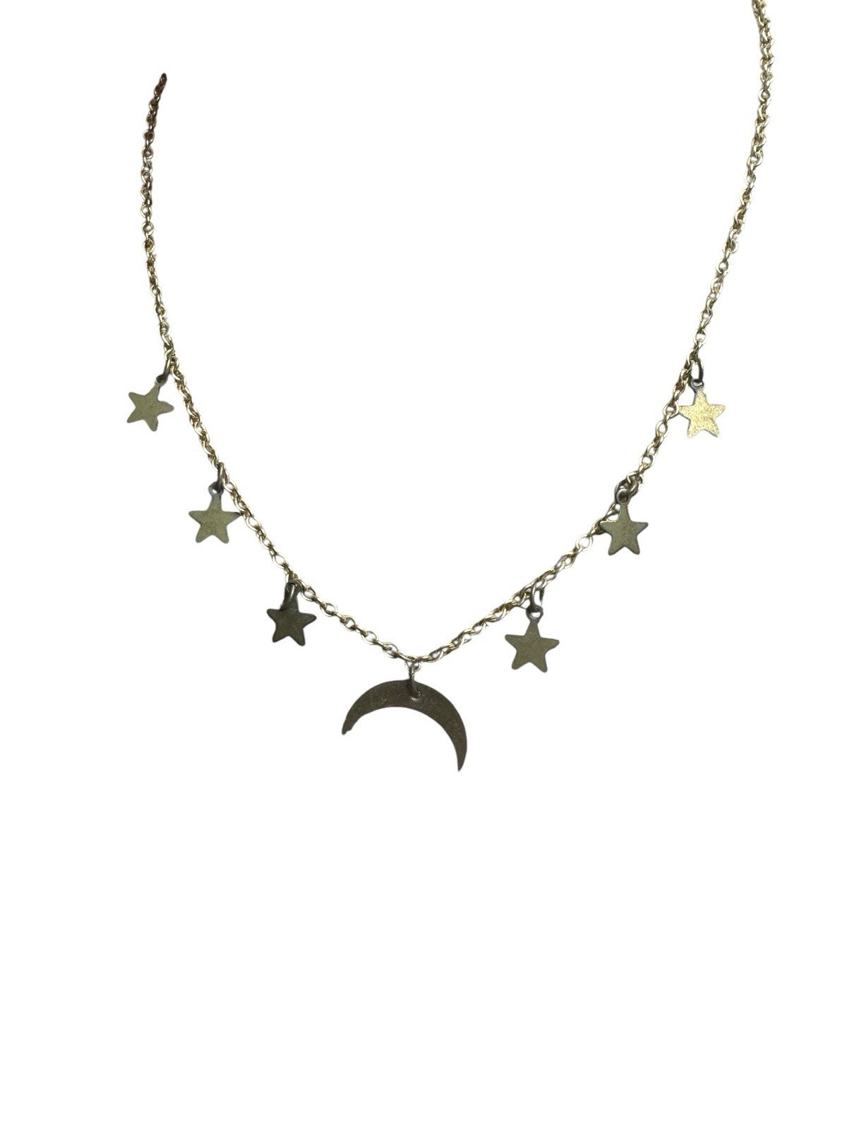 Gold Tone Dainty Dangle Star Moon Celestial Charm Chain CHOKER 16”Necklace