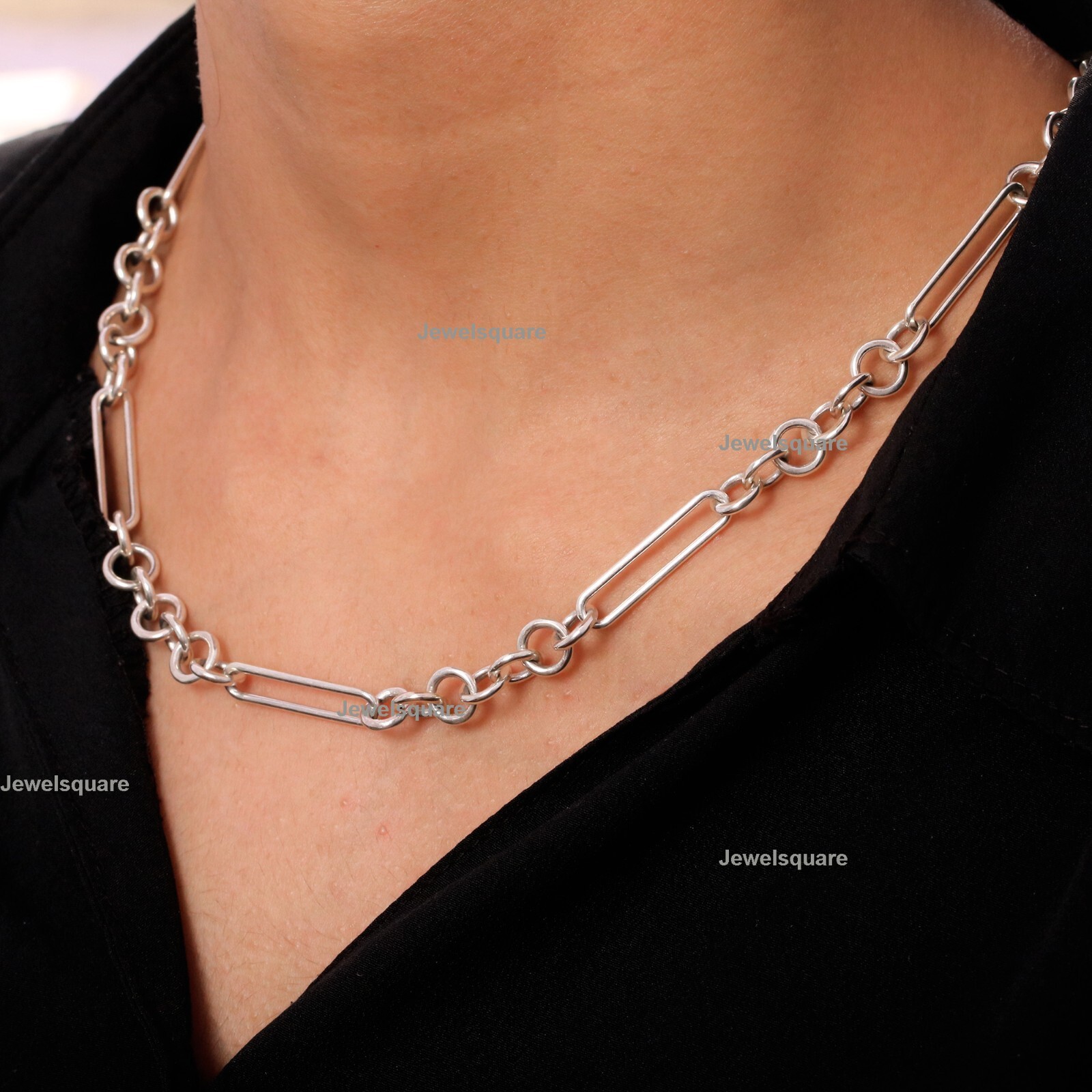 Paperclip Chain Necklace, Plain Layering Chain Necklace In 925 Sterling Silver
