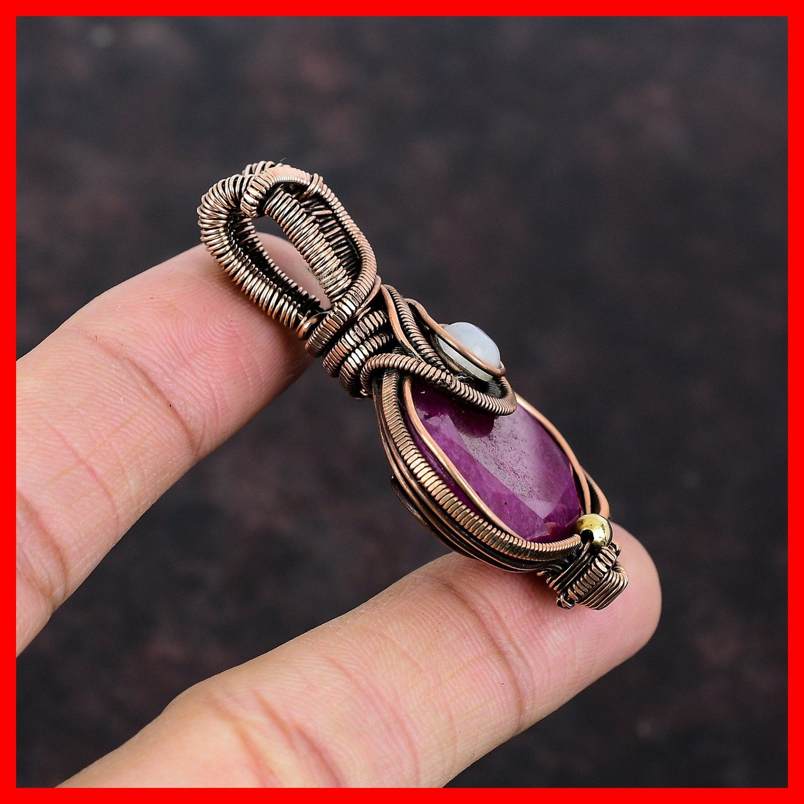 Kashmir Rubi Gemstone Rainbow Moonstone Wife Wire Wrapped Wedding Pendant Copper
