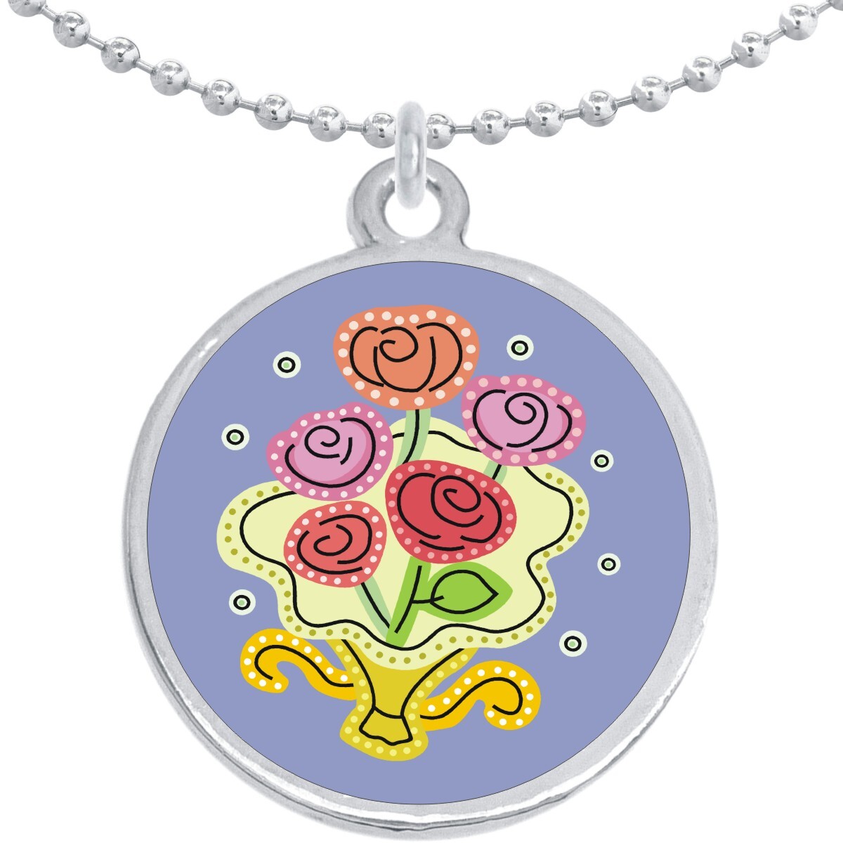 Flowers in Vase Round Pendant Necklace Beautiful Fashion Jewelry