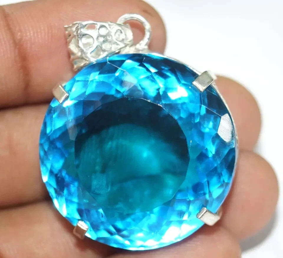 80 CT+ Flawless Blue Aquamarine Pendant 925 Sterling Silver Plated Jewelry