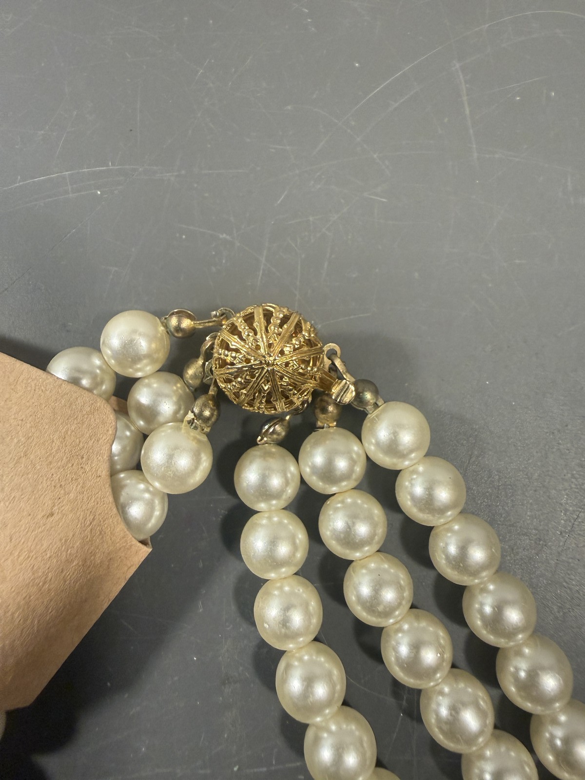 Vintage Triple Strand Faux Pearl Necklace Gold Tone Multi-Color Rhinestone