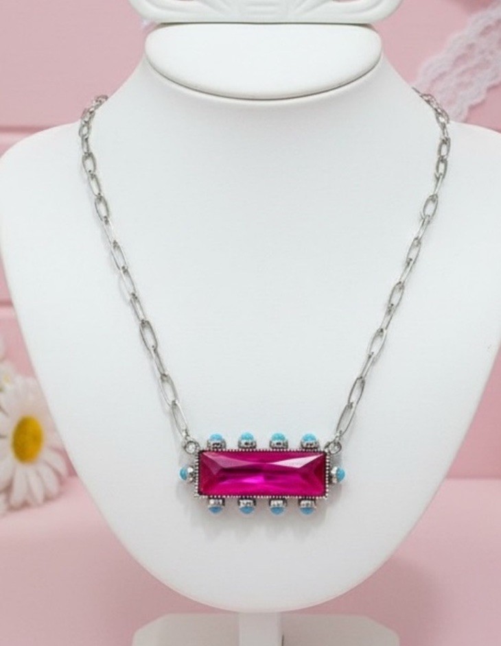 Boho Retro Hot Pink Bling & Turquoise Paperclip Necklace Glam Cowgirl Coquette