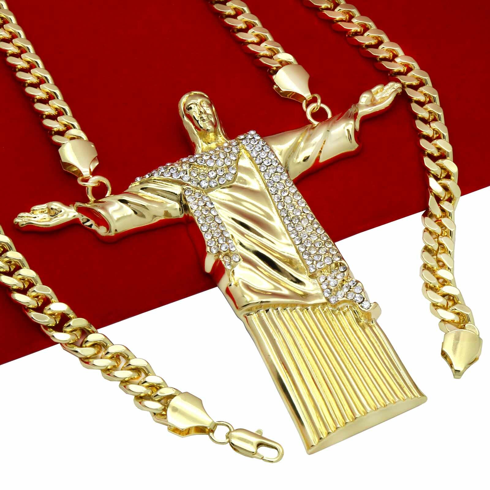 Hip Hop 14k Gold Plated Huge “JESUS” Pendant Cubic Zirconia 30″ Cuban Chain (H)