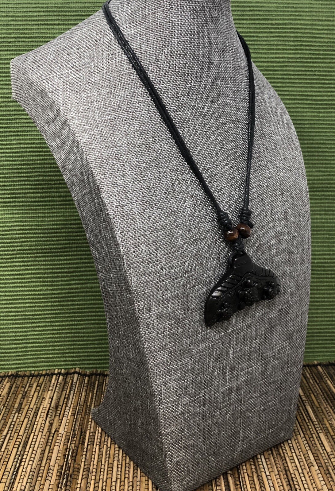 Black Whale Tail Necklace – Carved Pendant with Turtles Engraved Adjustable