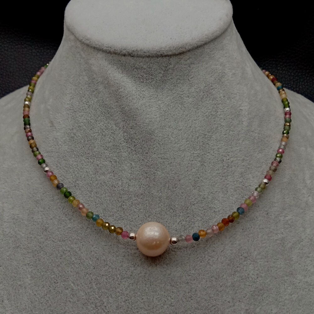 Natural Multi Color Tourmaline Pink keshi Pearl Choker Necklace silver clasp