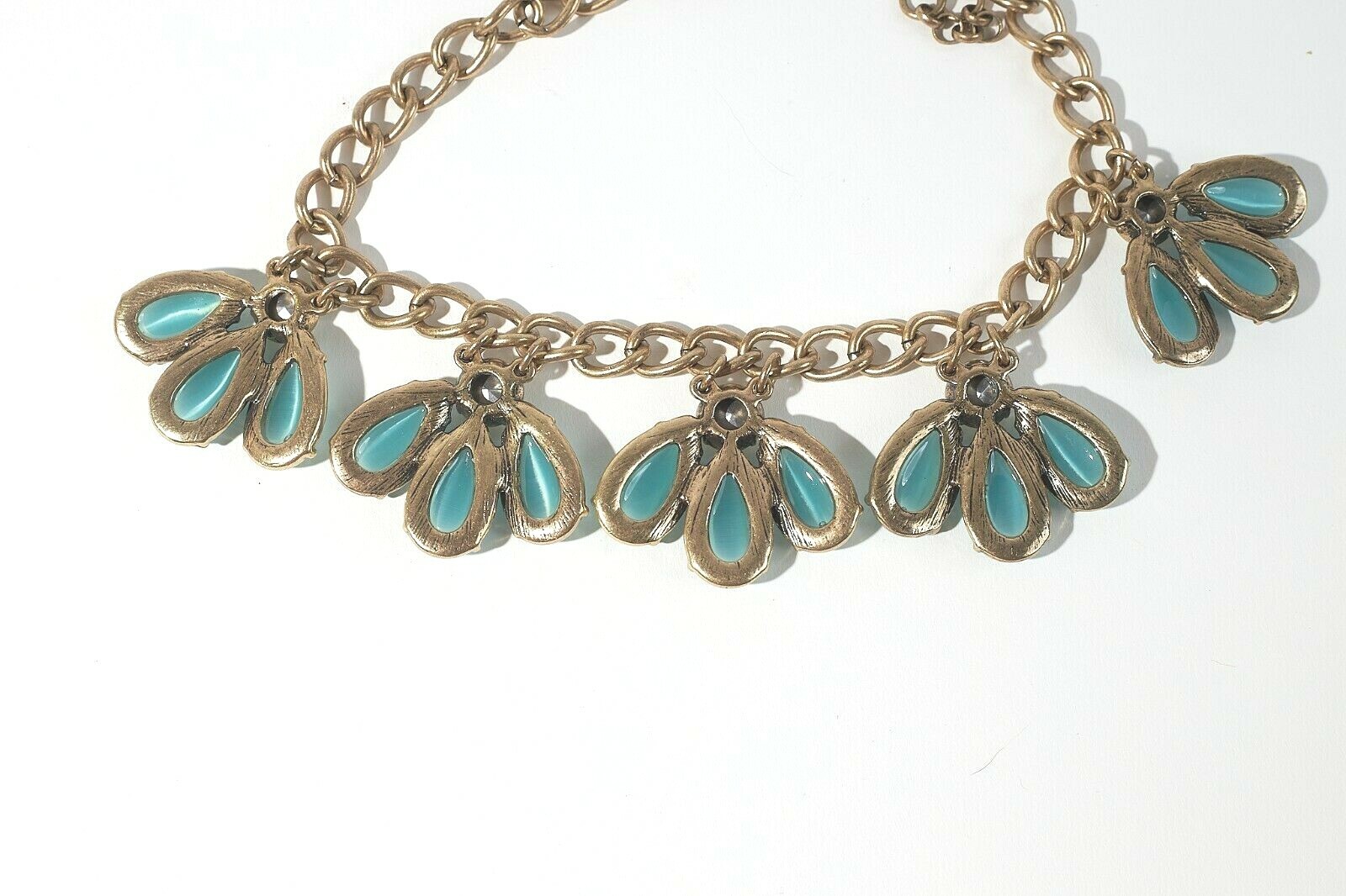 Banana Republic Antique Goldtone Necklace Blue Glass Petals +Rhinestones 16″+2″L