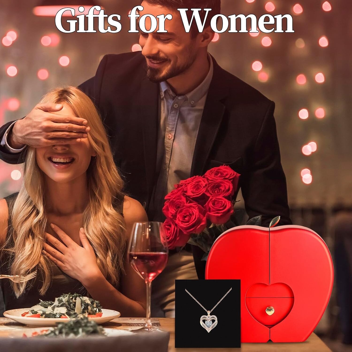 Preserved Red Rose with Heart Necklace Gift for Mom Wife Girlfriend on Special