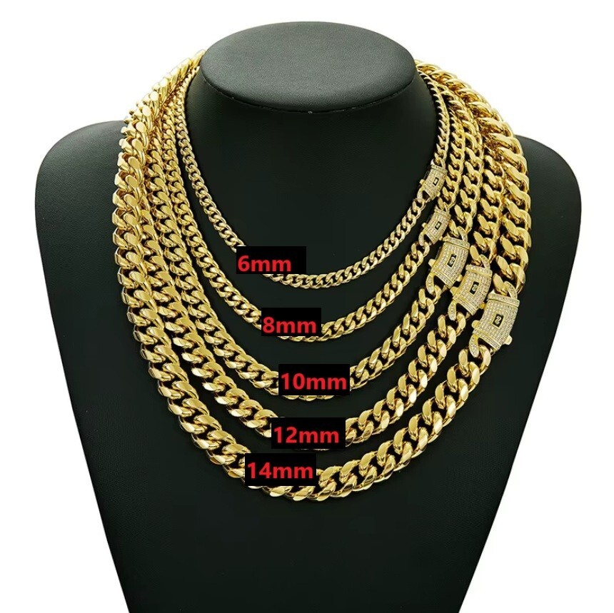 Stainless Steel 14k Gold Plated Miami Hip Hop Cuban Link Chain Necklace Bracelet